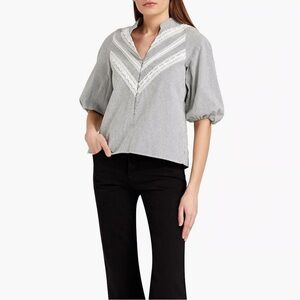 Maje Gray Puff Sleeve Blouse with Mandarin Collar